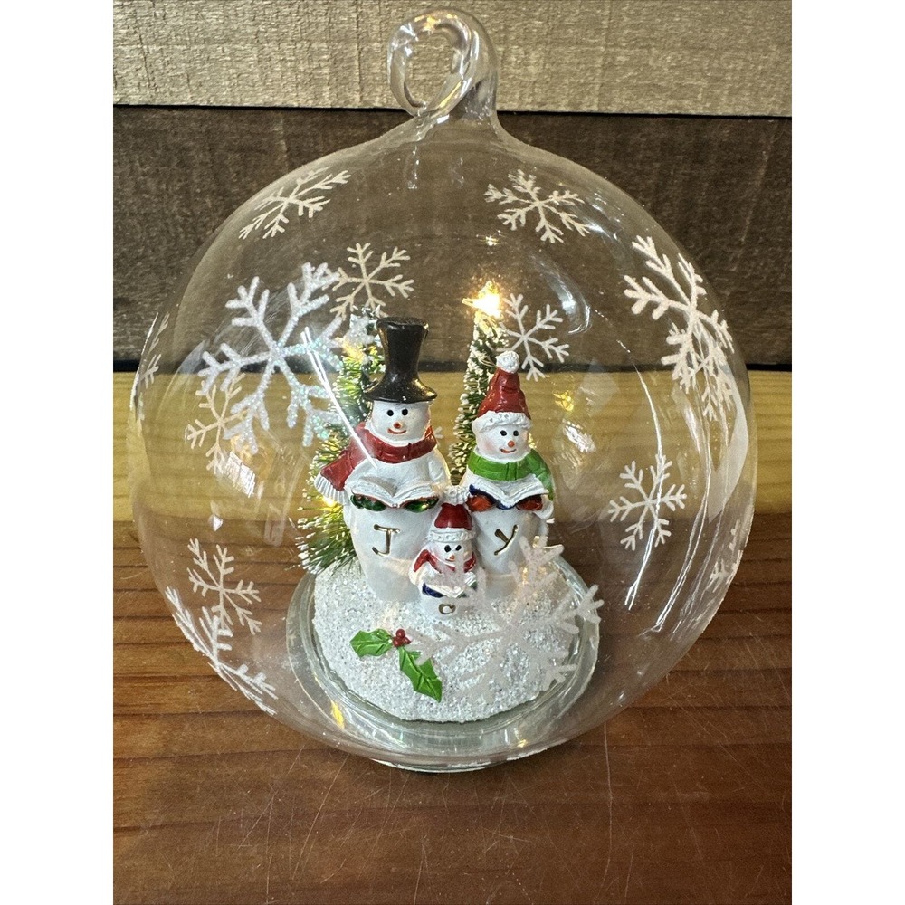 Hand Spun Joy Snowmen Lighted Glass Ornament Ball